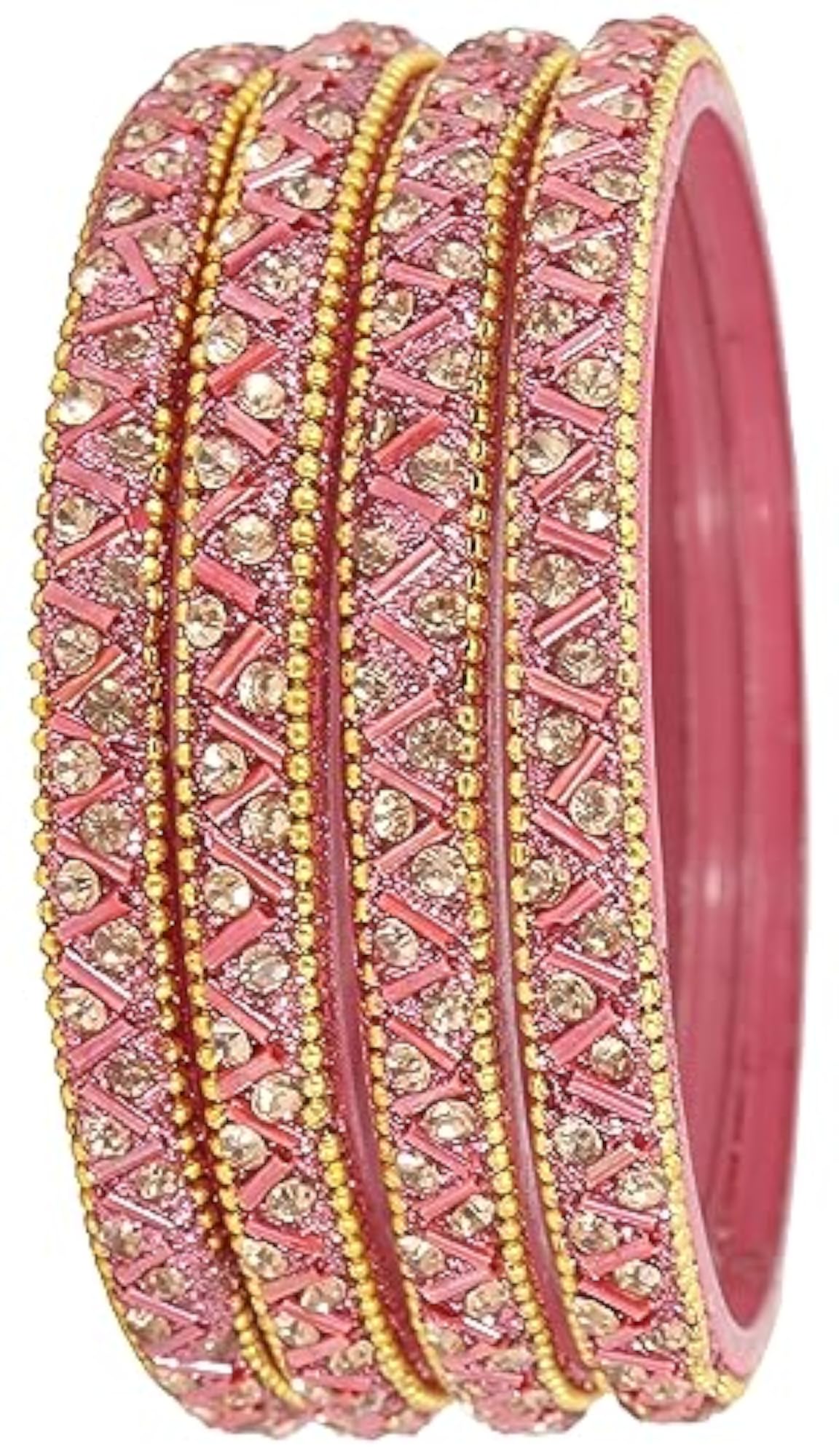 Glass Bangles Set with Zircon Gemstone and Beads (Pack of 8)